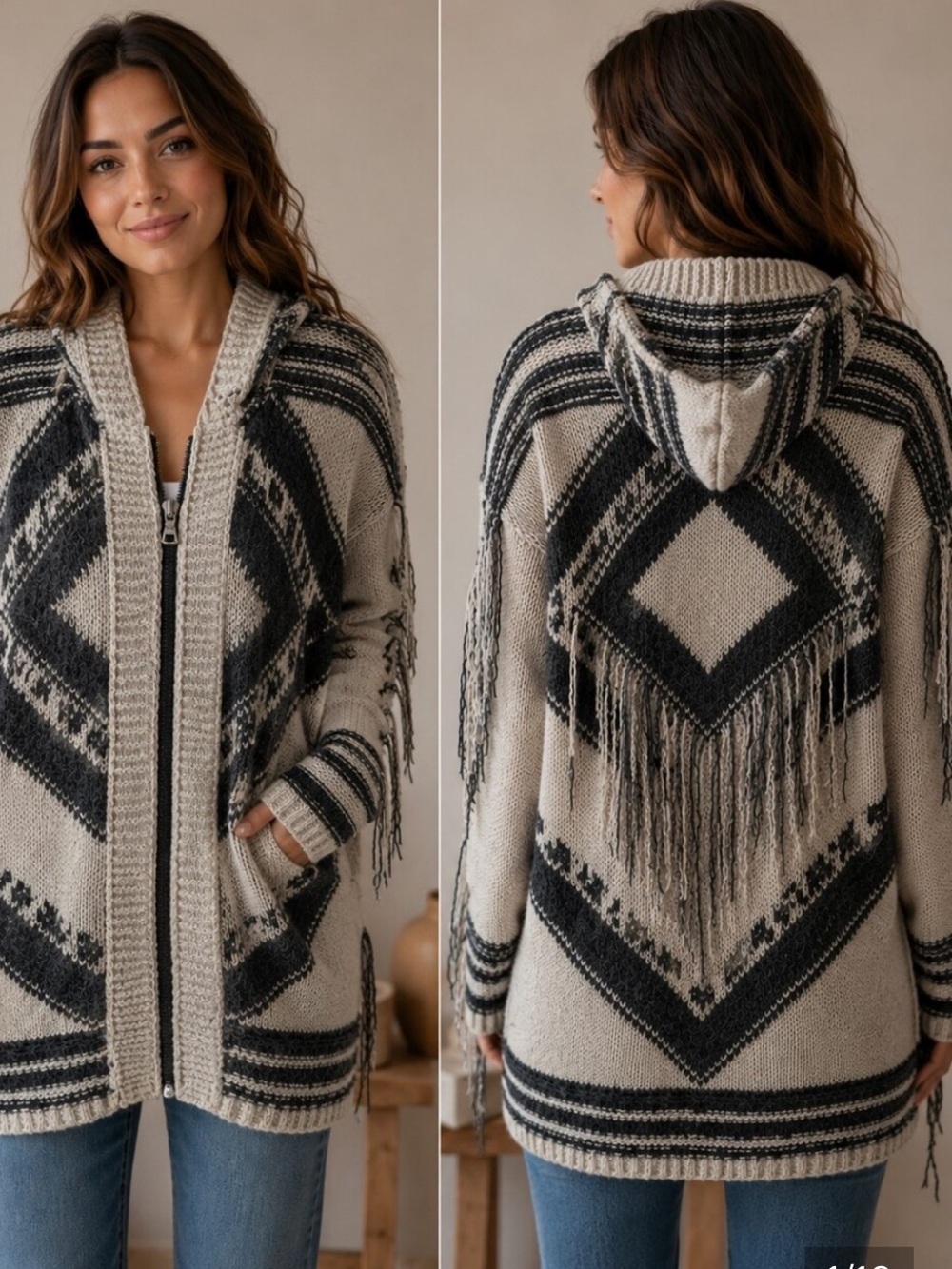 Free people Boho Fringe Hooded Cardigan sweater coat Aztec Tribal print, cotton